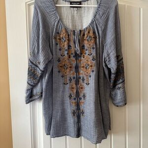 Johnny Was Blue Embellished Tunic with 3/4 Sleeves